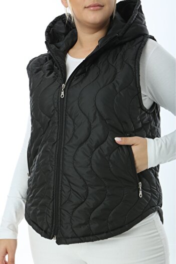 Şans Women's Large Size Black Hooded Quilted Pocket Vest 65N38335