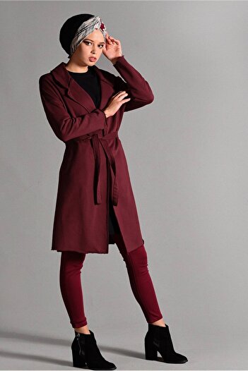 TRENDTESETTÜR Women's Claret Red Pocket Detailed Belted Cardigan 3319