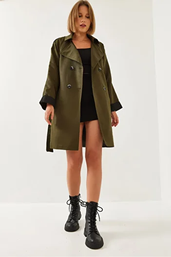Bianco Lucci Women's Sleeve Garni Detailed Belted Trench Coat 2447 60261004