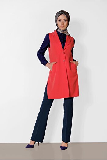 TRENDTESETTÜR Women's Red (POMEGRANATE) Side Slit and Buttoned Front Vest 4185