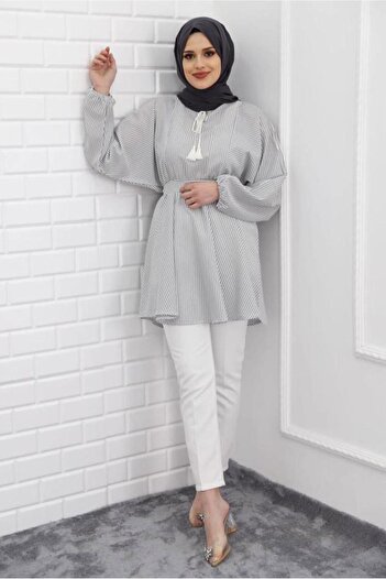 TRENDTESETTÜR Women's Gray Striped Lace-up Tunic 1218