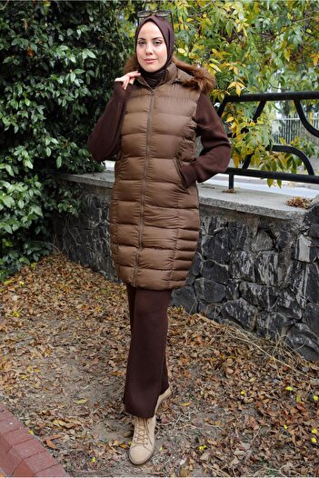 TRENDTESETTÜR Women's Tan Zippered Hooded Puffer Vest 4040