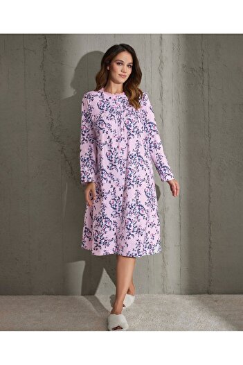 İntive Lingerie Cămașă de noapte confortabilă cu model de flori Aydoğan, lungime midi, cu halat/rochie de noapte - M-2XL