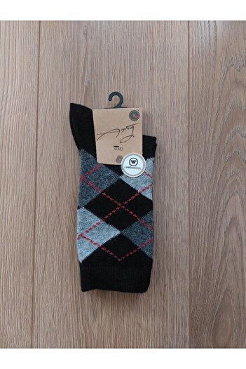 Aytuğ Winter Group 2 Pairs Lambswool Diamond Pattern Socks - Black 45013