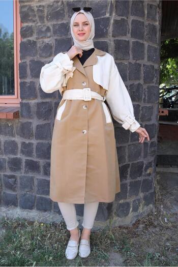 TRENDTESETTÜR WOMEN'S BROWN (CAMEL) TWO COLOR BIRTLE STRAP TRENCH COAT T 90080