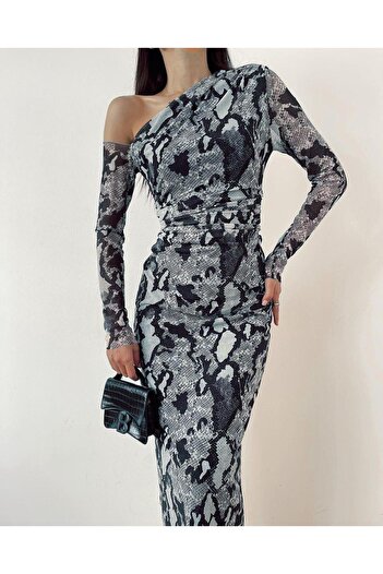 NEWCO One Shoulder Transparent Detailed Draped Snake Patterned Gray Black Tulle Dress