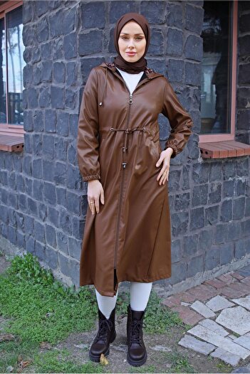 TRENDTESETTÜR WOMEN'S TAN HOODED LEATHER CAP T 3212