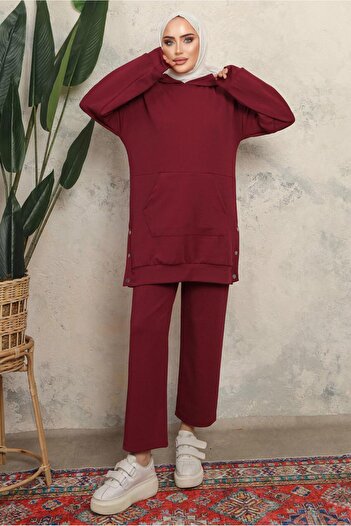 TRENDTESETTÜR Women's Claret Red Hooded Pants Suit with Stud Detail T 6643