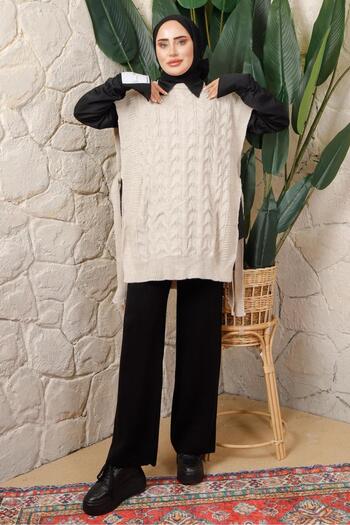 TRENDTESETTÜR WOMEN BEIGE (STONE) SLEVELESS SIDE TIE DETAILED KNIT PONCHO T 4508