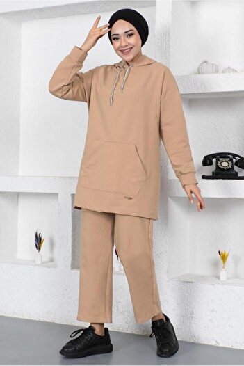 TRENDTESETTÜR WOMEN'S BEIGE HOODED POCKET TRACK SUIT T 003