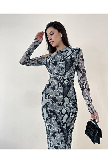 NEWCO One Shoulder Transparent Detailed Draped Snake Patterned Gray Black Tulle Dress