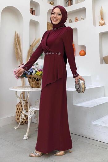 TRENDTESETTÜR KADIN BORDO TAŞ DETAYLI ELBİSE T 4783
