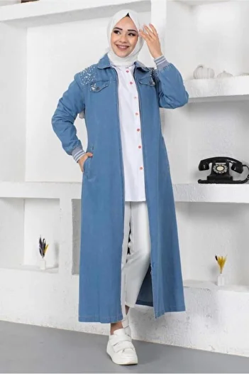 TRENDTESETTÜR A.MAVİ Жіночий джинсовий плащ - з бісерними деталями, модель T 7808