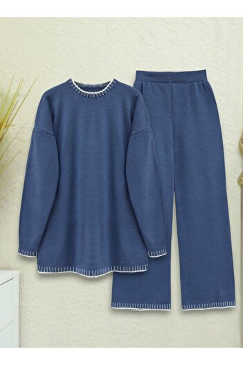 Modamorfo Strickwaren-Set mit Rundhalsausschnitt und Stickereidetails – Indigo