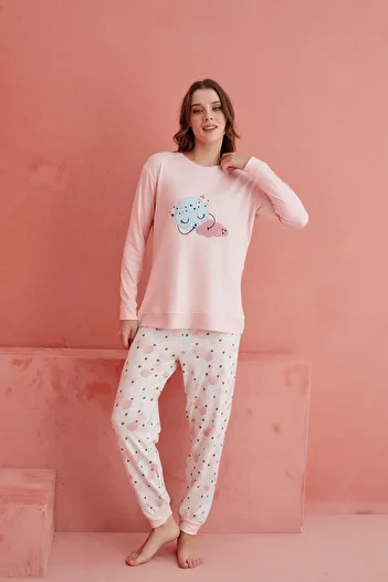 ELİTOL Salmon Dream Big Cloud Patterned Luxury Thermal Women's Pajamas Set