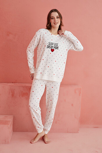 ELİTOL Sleep Less Dream More Heart Patterned Luxury Thermal Women's Pajamas Set