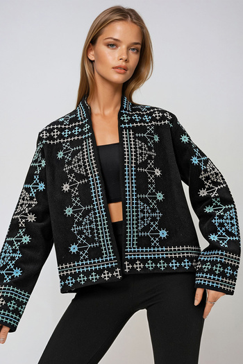 VAGGON Women's Black Shawl Collar Embroidered Stamp Jacket Prm1294