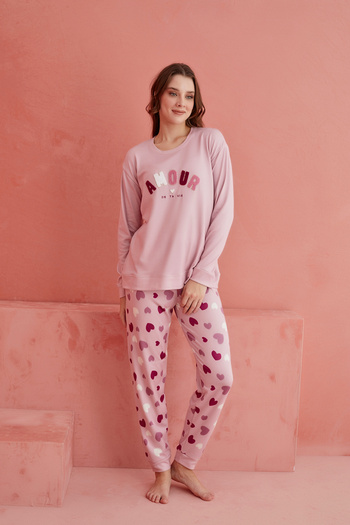 ELİTOL Powder Amour Patterned Luxury Thermal Women's Pajamas Set