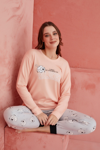 ELİTOL Salmon Sleep Sheep Patterned Luxury Thermal Women's Pajamas Set