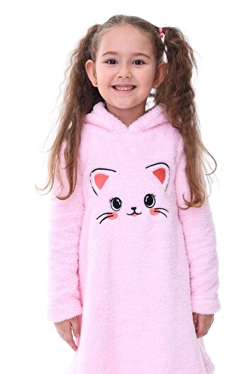 aden kids Kız Çocuk Pembe Kapşonlu Peluş Elbise
