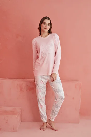 ELİTOL Pink Let It Snow Snowflake Patterned Luxury Thermal Women's Pajamas Set