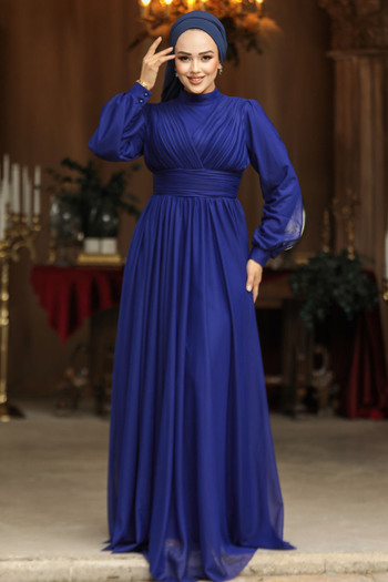 Neva Style Draped Dark Indigo Blue Hijab Evening Dress 46321Kım
