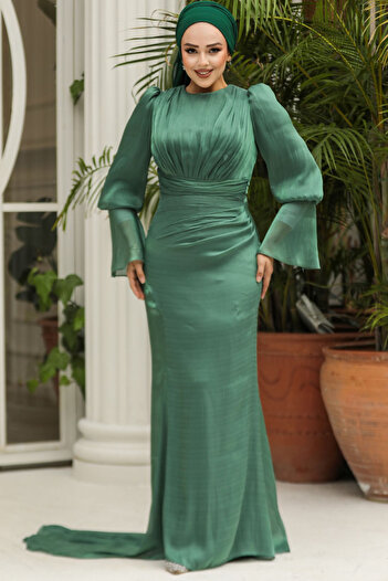 Neva Style Drape Detailed Green Hijab Evening Dress 48531Y