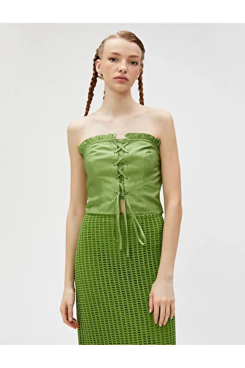 Koton Strapless Top with Corset Look and Tie-Up Ruffle Detail