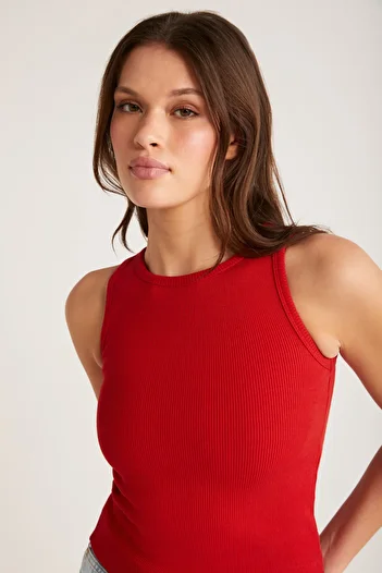ETHIQUET Modest Selena Women's Regular Fit Regular Pattern Thick Strappy Zero Sleeve Knitted Red Undershirt