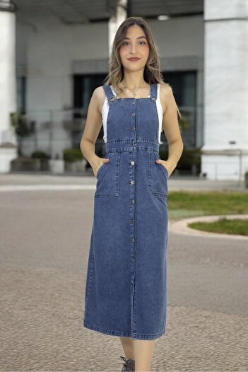 yagmurberen ROCHIE DE DENIM SALOPET CU BUTONE METALICE FĂRĂ mâneci, cu bretele reglabile