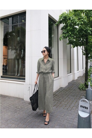 Barbora Linen Daily Comfortable Waist Lace Detailed Long Sleeve Dress