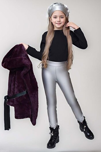 Riccotarz Girl's Combed Cotton Sweater and Leather Leggings Belt Detailed Jersey Burgundy Fur Coat