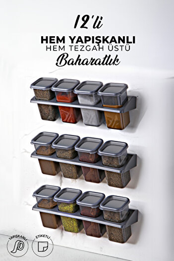 Kitchen Life Self-Adhesive Square Spice Rack Set with 12 Labels Stand - Food Storage Container Set