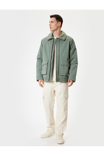Koton Slim Fit Jacket Plush Collar Detailed Zippered