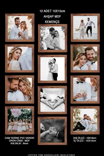 Bytwo 12 Pieces 15x15 Frame - Square Frame - MDF Kemençe Frame - Multiple Photo Frame Set