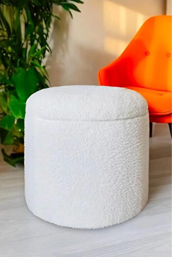 Niron Teddy Xl Puf - El Yapımı Pofuduk Ekru Sandıklı Silindir Puf - Çok Amaçlı Dekoratif Bench