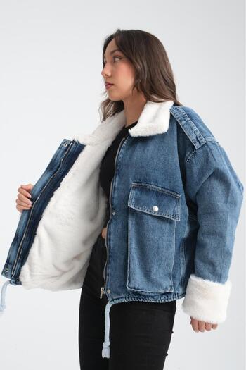 DENİKK Trend with Fur Inside Soft Feather Waist Adjustable Pocket Jeans Denim Jacket Coat