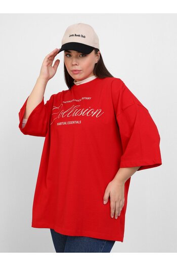 ALİA Oversize T-Shirt with Large Size Print Detail - Red - Alia