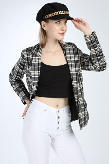 Azra Moda Style Plaid Checked Lined Button Closure Jacket White Gray Color Women