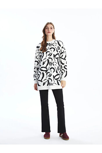 LC Waikiki Lcw Modest Ecru Printed Crew Neck Pattern Women's Sweatshirt Tunic