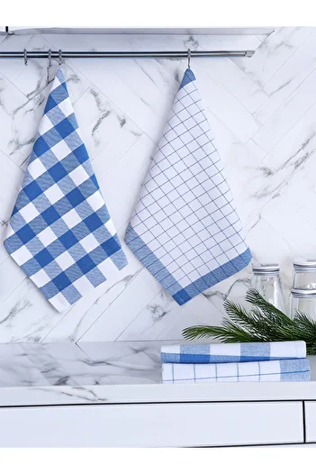 Tuable Serina 4-Piece Checkered Set, Kitchen Drying Cloth, Nutrition Cover, American Service, Blue Set 45X70Cm