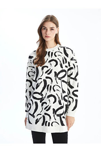 LC Waikiki Lcw Modest Ecru Printed Crew Neck Pattern Women's Sweatshirt Tunic
