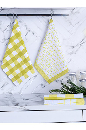 Tuable Serina 4-Piece Checkered Set, Kitchen Drying Cloth, Nutrition Cover, American Service, Yellow Set 45X70Cm