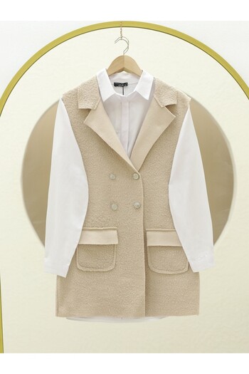 Modamorfo Beige Boucle Vest with Buttons and Double Pockets