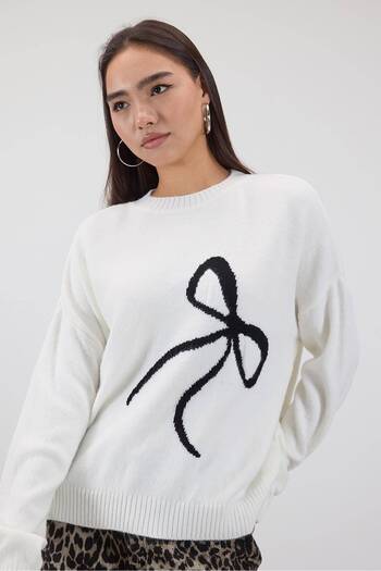 Addax Crew Neck Bow Print Knitwear Sweater K3408-A7