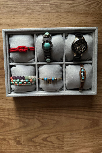 Jewelbox Suede Fabric Grey Color 6-Piece Watch and Jewelry Stand - 25X18 cm