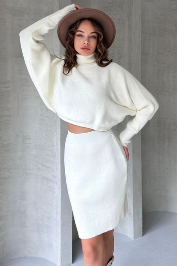 Fav Style White Turtleneck Crop Sweater and Mini Skirt - Long Sleeve Knitwear Set