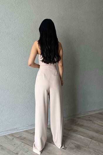 Seda Yalçın Atelier Bej Çift Pile Detaylı Palazzo Pantolon