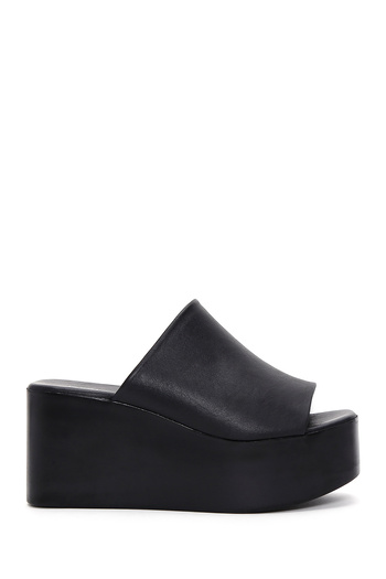 Derimod Black Wedge Heeled Leather Women's Slippers - 24sfd150118