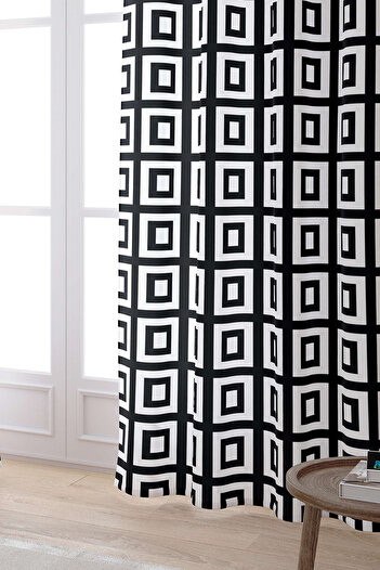 Cango Home White Black Modern Geometric Square Patterned Digital Printed Curtain Otyk558-pr